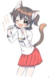 Rule 34 | 1girl, akagi miria, amezawa koma, animal ear fluff, animal ears, black hair, blush, brown eyes, cat day, cat ears, cat girl, cat tail, cowboy shot, fake animal ears, idolmaster, idolmaster cinderella girls, looking at viewer, one eye closed, open mouth, paw pose, red skirt, shirt, short hair, simple background, skirt, smile, solo, tail, two side up, white background, white shirt