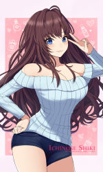 Rule 34 | 1girl, :3, ahoge, bare shoulders, blue eyes, blue sweater, border, bottle, breasts, brown hair, character name, cleavage, denim, denim shorts, hand gesture, hand on own hip, heart, highres, hip focus, ichinose shiki, idolmaster, idolmaster cinderella girls, kannko bokujou, large breasts, long hair, looking at viewer, off-shoulder, off-shoulder sweater, off shoulder, perfume bottle, pink background, ribbed sweater, shorts, smile, solo, sweater, thighs, v, wavy hair, white border