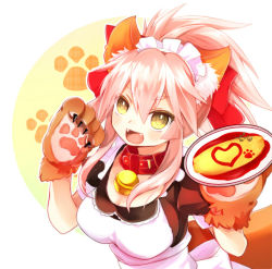 Rule 34 | 1girl, :d, animal ears, animal hands, apron, bad id, bad pixiv id, bell, bow, collar, eru (948143), fang, fate/grand order, fate (series), food, fox ears, fox tail, gloves, hair bow, maid, maid apron, maid headdress, neck bell, omelet, omurice, open mouth, paw gloves, pink hair, ponytail, smile, solo, tail, tamamo (fate), tamamo cat (fate), tamamo cat (second ascension) (fate), tamamo no mae (fate/extra), upper body, yellow eyes