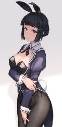 Rule 34 | 1girl, adapted costume, animal ears, bad id, bad twitter id, black hair, black pantyhose, breasts, brown eyes, cleavage, fake animal ears, grey background, hair bun, hair ornament, hairclip, highres, jacket, kantai collection, large breasts, leotard, long sleeves, myoukou (kancolle), pantyhose, playboy bunny, purple jacket, rabbit ears, rabbit tail, rokuwata tomoe, simple background, single hair bun, smile, solo, tail, thick eyebrows