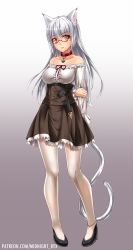 Rule 34 | 1girl, animal ear fluff, animal ears, anklet, arm behind back, bare shoulders, bell, black footwear, bow, breasts, cat ears, cat tail, collar, collarbone, commission, earrings, frills, full body, glasses, gradient background, high-waist skirt, high heels, highres, jewelry, long hair, looking at viewer, medium breasts, midnight (banyex), neck bell, open mouth, orange eyes, original, pantyhose, patreon username, red bow, silver hair, skirt, solo, standing, strapless, tail, watermark, web address, white pantyhose