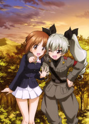 Rule 34 | &gt;;d, 10s, 2girls, :d, ;d, absurdres, anchovy (girls und panzer), arm around shoulder, black necktie, black ribbon, black shirt, brown hair, collarbone, drill hair, eyebrows, female focus, forest, girls und panzer, hair ribbon, hand on own hip, highres, jodhpurs, long hair, military, military uniform, multiple girls, nature, necktie, nishizumi miho, official art, one eye closed, open mouth, pants, pleated skirt, ribbon, shirt, short hair, silver hair, skirt, smile, tree, twin drills, uniform, v-shaped eyebrows, white skirt
