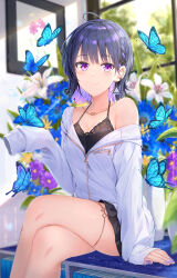 Rule 34 | 1girl, absurdres, black camisole, black skirt, blue flower, blue hair, book, bookshelf, braid, breasts, bug, butterfly, camisole, cleavage, collarbone, commentary request, cowboy shot, crossed legs, flower, french braid, highres, insect, jacket, jewelry, koshimizu toru, koshimizu toru (2nd costume), light particles, light rays, looking at viewer, miniskirt, mole, mole under eye, na kyo, necklace, nijisanji, off shoulder, plant, purple eyes, purple flower, purple nails, short hair, sitting, skirt, sleeves past wrists, small breasts, smile, solo, sunlight, thigh strap, virtual youtuber, white flower, white jacket, window