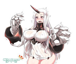 Rule 34 | 1girl, abyssal ship, bare shoulders, blush, breasts, brown eyes, burusuta, claws, commentary request, detached sleeves, dress, covered erect nipples, highres, horns, huge breasts, kantai collection, long hair, looking at viewer, open mouth, pale skin, ribbed dress, seaport princess, short dress, sideboob, simple background, single horn, solo, sweat, sweater, sweater dress, tears, white background, white dress, white hair