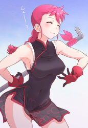Rule 34 | 1girl, ?, armpits, bare shoulders, black dress, blush, braid, braided ponytail, breasts, china dress, chinese clothes, closed eyes, closed mouth, contrapposto, covered erect nipples, covered navel, dress, gloves, holding, holding smoking pipe, industrial pipe, kemurikusa, kuroda akimi, large breasts, long hair, pink hair, red gloves, ryou (kemurikusa), see-through, sleeveless, sleeveless dress, smile, smoking pipe, solo