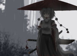 Rule 34 | 1girl, animal ears, bell, black skirt, breasts, closed mouth, detached sleeves, dot mouth, dot nose, forest, grey hair, hair between eyes, hat, highres, holding, holding umbrella, inubashiri momiji, jingle bell, leaf, maple leaf, medium breasts, multicolored clothes, multicolored skirt, nature, oubachiago, outdoors, pom pom (clothes), procreate (medium), rain, red eyes, red hat, red skirt, ribbon-trimmed sleeves, ribbon trim, scabbard, sheath, sheathed, shirt, short hair, skirt, sleeveless, sleeveless shirt, solo, sword, tail, tassel, tokin hat, touhou, turtleneck, umbrella, weapon, weapon on back, white shirt, wolf ears, wolf girl, wolf tail