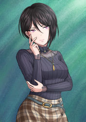 Rule 34 | 1girl, asymmetrical hair, bang dream!, belt, black hair, black shirt, breasts, brown skirt, closed mouth, collarbone, commentary request, cowboy shot, eyebrows hidden by hair, frilled shirt collar, frilled sleeves, frills, green background, green belt, hair between eyes, hand on own cheek, hand on own elbow, hand on own face, highres, jewelry, kitayu, long sleeves, looking at viewer, medium breasts, necklace, pink eyes, plaid, plaid skirt, see-through, shirt, short hair, simple background, single sidelock, skirt, solo, standing, striped clothes, striped shirt, tsurime, vertical-striped clothes, vertical-striped shirt, yashio rui