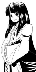 Rule 34 | 1girl, female focus, frills, greyscale, hands in opposite sleeves, hime cut, houraisan kaguya, long hair, monochrome, puffy sleeves, shinba yagi, simple background, solo, touhou, white background