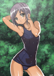 Rule 34 | 1girl, armpits, arms up, blue one-piece swimsuit, breasts, brown eyes, cameltoe, chuunenpi, contrapposto, dark skin, dark-skinned female, covered erect nipples, nagato yuki, one-piece swimsuit, purple hair, school swimsuit, short hair, small breasts, solo, standing, suzumiya haruhi no yuuutsu, swimsuit, tan, wet, wet hair