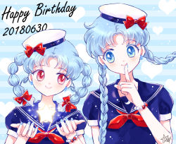 Rule 34 | 2girls, alternate hair color, alternate hairstyle, bishoujo senshi sailor moon, blue background, blue eyes, blue hair, blue sailor collar, blue theme, bow, bracelet, braid, chibi usa, closed mouth, crescent, dated, earrings, finger to mouth, hair bow, happy birthday, hat, hat bow, hoshikuzu (milkyway792), jewelry, long hair, looking at another, multiple girls, parted bangs, red bow, red eyes, sailor, sailor collar, smile, star (symbol), striped, striped background, tsukino usagi, twin braids, upper body, white hat