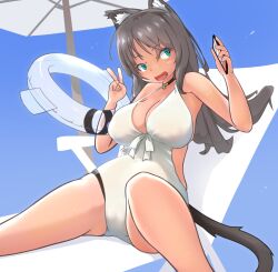 Rule 34 | 1girl, alice gear aegis, animal ears, beach chair, beach umbrella, bell, blue eyes, blush, breasts, brown hair, cat ears, cat girl, cat tail, cellphone, chair, cleavage, collar, dark skin, holding, innertube, jingle bell, kaneshiya sitara, large breasts, long hair, neck bell, one-piece swimsuit, open mouth, phone, selfie, sitting, sky, smartphone, smile, swim ring, swimsuit, taii (tng1014), tail, umbrella, v, white one-piece swimsuit