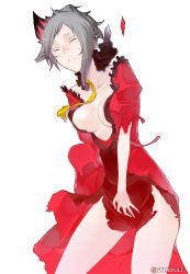 Rule 34 | 1girl, breasts, caladrius, center opening, cleavage, closed eyes, dress, grey hair, highres, milia marivene, official art, red dress, ribbon, simple background, skirt, solo, thighs, torn clothes, torn dress, torn skirt, yasuda suzuhito