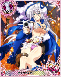 Rule 34 | 1girl, antenna hair, blue eyes, breasts, card (medium), character name, chess piece, cleavage, covered erect nipples, gun, hair ribbon, handgun, hat, high school dxd, high school dxd infinity, large breasts, long hair, official art, panties, parted lips, pink panties, pirate hat, pistol, ribbon, rook (chess), rossweisse, silver hair, solo, torn clothes, trading card, underwear, very long hair, weapon