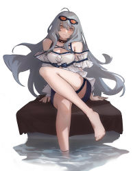 Rule 34 | 1girl, absurdres, ahoge, arknights, arm garter, barefoot, black choker, blue shorts, blush, breasts, choker, cleavage, closed mouth, commentary, english commentary, eyelashes, eyewear on head, floating hair, frills, full body, hair between eyes, highres, long hair, looking at viewer, medium breasts, official alternate costume, one-piece swimsuit, orange eyes, short shorts, shorts, silver hair, simple background, sitting, skadi (arknights), skadi (waverider) (arknights), smile, soaking feet, solo, swimsuit, thigh strap, tinted eyewear, white background, white one-piece swimsuit, zuihou de miao pa si