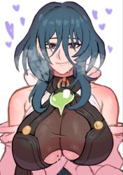 Rule 34 | 1girl, bare shoulders, blue hair, breasts, drooling, hair between eyes, heart, highres, honkai: star rail, honkai (series), huge breasts, long hair, looking at viewer, mature female, mole, mole on breast, mole under mouth, natasha (honkai: star rail), red eyes, redfuchsia, smile, solo, sweat, underboob, upper body, white background
