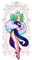 Rule 34 | 10s, 1girl, 2016, alternate breast size, bare legs, black dress, breasts, china dress, chinese clothes, cleavage, cleavage cutout, clothing cutout, curly hair, dress, feather boa, green eyes, green hair, high heels, highres, long legs, matching hair/eyes, nail polish, new year, no socks, one-punch man, pelvic curtain, popsiclebunny, red footwear, shoes, short hair, side slit, solo, tatsumaki, watermark, web address