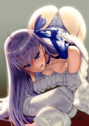 Rule 34 | 1girl, all fours, ass, backlighting, bad id, bad twitter id, bare shoulders, blue eyes, blue one-piece swimsuit, blush, breasts, choker, closed mouth, fate/grand order, fate (series), frills, hair between eyes, head tilt, highleg, highleg swimsuit, long hair, long sleeves, looking at viewer, meltryllis, meltryllis (fate), meltryllis (swimsuit lancer) (fate), meltryllis (swimsuit lancer) (second ascension) (fate), one-piece swimsuit, purple hair, ribbon, satou daiji, sleeves past fingers, sleeves past wrists, small breasts, smile, solo, swimsuit, top-down bottom-up, very long hair