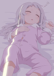 Rule 34 | 1girl, bed sheet, buttons, closed eyes, hand on own chest, highres, light blush, long hair, long sleeves, lying, on back, on bed, open mouth, original, pajamas, pants, pink pajamas, pink pants, pink shirt, samansa ex, shirt, sleeping, solo, tabasa (samansa ex), white hair, zzz