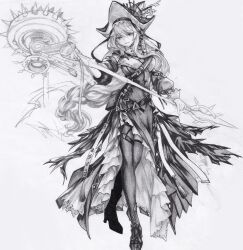 Rule 34 | 1girl, arknights, ashi (dongshi389), boots, circular saw, dress, frilled dress, frills, full body, greyscale, hat, highres, holding, holding weapon, long hair, long sleeves, looking at viewer, low-braided long hair, low-tied long hair, monochrome, parted lips, puffy long sleeves, puffy sleeves, saw, simple background, smile, solo, specter (arknights), specter the unchained (arknights), thigh boots, very long hair, weapon