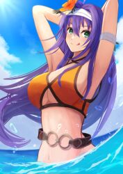 Rule 34 | 1girl, :d, ahoge, arms behind head, arms up, bikini, blue sky, breasts, cleavage, cloud, day, fire emblem, fire emblem: path of radiance, fire emblem: radiant dawn, fire emblem heroes, flower, green eyes, hair between eyes, hair intakes, hairband, hibiscus, highres, labebebe lee, large breasts, leaf, licking lips, long hair, mia (fire emblem), mia (summer) (fire emblem), navel, nintendo, official alternate costume, open mouth, orange bikini, orange flower, outdoors, purple hair, redrawn, sky, smile, solo, swimsuit, tongue, tongue out, underboob, wading, water, white hairband