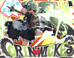 Rule 34 | &gt; &lt;, 1girl, absurdres, apron, belt, black bow, black dress, boots, bow, breasts, chain, character name, combat boots, commentary, corin wickes, dress, english commentary, full body, funennogomi, green hair, high belt, highres, holding, holding weapon, logo, long hair, maid apron, maid headdress, puffy short sleeves, puffy sleeves, short sleeves, small breasts, solo, stuffed animal, stuffed toy, teddy bear, twintails, weapon, zenless zone zero