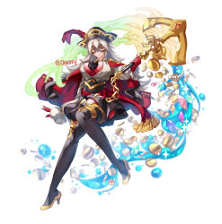 Rule 34 | 1girl, anchor, breasts, cape, closed mouth, coin, conope, domino mask, fire emblem, fire emblem heroes, full body, gem, gloves, grey hair, hat, high heels, holding, long hair, long sleeves, mask, nintendo, pirate costume, pirate hat, red eyes, red gloves, solo, thrasir (fire emblem), twitter username