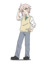Rule 34 | 1boy, ahoge, black footwear, brown eyes, colored inner hair, commentary, d2kmfsyqe69gby4, full body, green necktie, grey hair, grey pants, grin, hand on own hip, long sleeves, looking at viewer, male focus, multicolored hair, necktie, onii-chan wa oshimai!, oyama mahiro, oyama mahiro (male), pants, pink hair, shirt, shoes, simple background, sleeves rolled up, smile, solo, standing, two-tone hair, vest, white background, white shirt, wing collar, yellow vest
