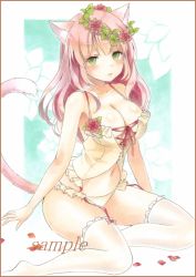 Rule 34 | 1girl, animal ears, babydoll, bad id, bad pixiv id, blush, breasts, cat ears, cat tail, cleavage, colored pencil (medium), floral background, frilled panties, frilled thighhighs, frills, garter straps, green eyes, large breasts, light smile, lingerie, long hair, looking at viewer, marker (medium), original, panties, parted lips, pink hair, potto, red ribbon, ribbon, sample watermark, sitting, solo, tail, thighhighs, thighs, traditional media, underwear, watermark, wreath, yokozuwari