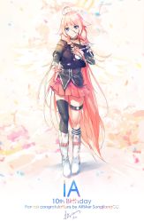 Rule 34 | 1girl, absurdres, ahoge, artist name, asymmetrical legwear, birthday, black shirt, black thighhighs, blue eyes, blurry, blurry foreground, boots, braid, cevio, character name, chinese commentary, collarbone, commentary, confetti, elbow cutout, full body, hand on own chest, highres, ia (vocaloid), knee boots, long hair, looking at viewer, miniskirt, off-shoulder shirt, off shoulder, parted lips, pendant choker, pink skirt, platinum blonde hair, pleated skirt, reaching, reaching towards viewer, shirt, side braids, signature, single bare shoulder, single thighhigh, skirt, smile, solo, songjiangcc, spaghetti strap, standing, thigh strap, thighhighs, very long hair, vocaloid, white footwear