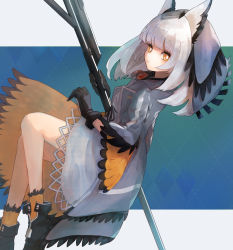 Rule 34 | 1girl, arknights, black footwear, black gloves, blue background, blue coat, blunt bangs, boots, coat, commentary, dress, eyelashes, feather hair, feather trim, full body, gloves, goggles, goggles around neck, grey background, head scarf, highres, holding, holding staff, looking at viewer, medium hair, orange eyes, owl ears, patterned background, ptilopsis (arknights), shimasato, silver hair, simple background, solo, staff, white dress