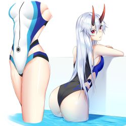 Rule 34 | 1girl, absurdres, against wall, armpits, ass, black one-piece swimsuit, blue one-piece swimsuit, breasts, competition swimsuit, fate/grand order, fate (series), hair between eyes, highleg, highleg swimsuit, highres, horns, leaning on object, long hair, looking back, medium breasts, multicolored clothes, multicolored swimsuit, multiple views, one-piece swimsuit, oni horns, partially submerged, red eyes, red horns, silver hair, slit pupils, standing, striped clothes, striped one-piece swimsuit, swimsuit, therrao, tomoe gozen (fate), tomoe gozen (swimsuit saber) (fate), tomoe gozen (swimsuit saber) (first ascension) (fate), very long hair, water, white background, white one-piece swimsuit