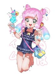 Rule 34 | 1girl, bag, bird, blunt bangs, bracelet, double bun, eyelashes, frilled one-piece swimsuit, frilled swimsuit, frills, gradient hair, green eyes, hair bun, handbag, highres, jewelry, multicolored hair, nanja, one-piece swimsuit, penguin, pink hair, puniru (puniru wa kawaii slime), puniru wa kawaii slime, sidelocks, swimsuit, thigh gap, tropical drink, twintails, white background