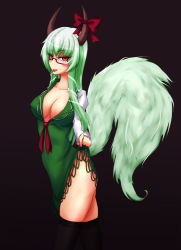 Rule 34 | 1girl, :p, asa inu, bad id, bad pixiv id, bespectacled, black thighhighs, bow, breasts, cleavage, clothes lift, dress, dress lift, ex-keine, female focus, glasses, green hair, horns, kamishirasawa keine, large breasts, long hair, red eyes, simple background, solo, tail, thighhighs, tongue, tongue out, touhou