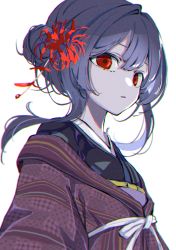 Rule 34 | 1girl, :o, absurdres, floating hair, flower, hair bun, hair flower, hair intakes, hair ornament, highres, huge filesize, idolmaster, idolmaster shiny colors, japanese clothes, kimono, looking at viewer, looking to the side, morino rinze, natsume hinako, red eyes, simple background, single hair bun, solo, spider lily, upper body, white background