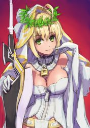 Rule 34 | 10s, ahoge, bare shoulders, blonde hair, breasts, bursting breasts, elbow gloves, fate/extra, fate/extra ccc, fate/grand order, fate (series), gloves, gradient background, green eyes, highres, itaco, large breasts, light smile, long hair, looking at viewer, nero claudius (bride) (fate), nero claudius (bride) (third ascension) (fate), nero claudius (fate), nero claudius (fate) (all), red background, sketch, solo, sword, weapon, white gloves, zipper
