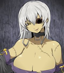 Rule 34 | 1girl, bare shoulders, breasts, cleavage, collar, japanese clothes, jewelry, kara age, kimono, large breasts, long hair, missing eye, monster girl, original, scar, short hair, slit pupils, smile, smirk, solo, stitches, torn clothes, upper body, white hair, yellow eyes, zombie