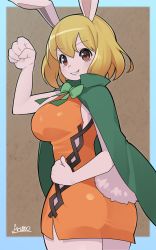 Rule 34 | 1girl, absurdres, ass, blonde hair, blue border, border, bow, bowtie, breasts, brown eyes, cape, carrot (one piece), dress, female focus, furry, furry female, green bow, green bowtie, green cape, grin, highres, large breasts, one piece, orange dress, outside border, paw pose, rabbit ears, rabbit girl, rabbit tail, ryuusui arumo, signature, smile, solo, twisted torso