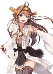 Rule 34 | 1girl, ahoge, black skirt, boots, brown hair, commentary request, commission, cowboy shot, detached sleeves, double bun, grey eyes, hair bun, hairband, hakama, hakama short skirt, hakama skirt, headgear, japanese clothes, kantai collection, kongou (kancolle), kongou kai ni (kancolle), long hair, rankebu, resolution mismatch, ribbon-trimmed sleeves, ribbon trim, simple background, skirt, smile, solo, source larger, thigh boots, thighhighs, white background