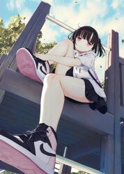 Rule 34 | 1girl, :|, air jordan, air jordan 1, backpack, bag, bare legs, bare legs girl (kamizaki hibana), beads, black hair, black skirt, blue sky, blush, closed mouth, cloud, cloudy sky, colored shoe soles, commentary request, day, dot nose, drawstring, falling leaves, footwear request, foreshortening, from below, full body, hair beads, hair ornament, hands on own feet, head tilt, hood, hood down, hoodie, horizontal bar, hugging own legs, kamizaki hibana, knee up, knees, leaf, looking at viewer, looking down, medium hair, miniskirt, nike (company), original, outdoors, perspective, pink bag, pink eyes, playground, shoe soles, shoes, short sleeves, shoulder strap, sitting, skirt, sky, sneakers, solo, thick eyelashes, thighs, tree, twintails, white hoodie, wide sleeves