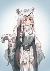 Rule 34 | 1girl, animal ear fluff, animal ears, arknights, bead necklace, beads, belt, black belt, blue background, blush, braid, breasts, commentary, cowboy shot, deaver, dress, female focus, gradient background, grey background, grey eyes, head chain, highres, jewelry, leopard ears, leopard tail, long hair, long sleeves, medium breasts, necklace, open mouth, pramanix (arknights), silver hair, solo, standing, tail, thighhighs, turtleneck, turtleneck dress, twin braids, very long hair, white dress, white thighhighs