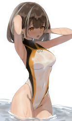 Rule 34 | 1girl, arknights, brown hair, unworn clothes, commentary request, competition swimsuit, cowboy shot, highleg, highleg swimsuit, highres, magallan (arknights), multicolored hair, one-piece swimsuit, open mouth, rhine lab logo, sabashi, salute, short hair, simple background, soaking feet, solo, streaked hair, swimsuit, wading, water, white background, white hair, white one-piece swimsuit, yellow eyes