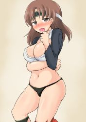 Rule 34 | 10s, 1girl, absurdres, black panties, blush, breasts, brown eyes, brown hair, chiyoda (kancolle), cleavage, headband, highres, jack (jackdou), kantai collection, large breasts, navel, open mouth, panties, solo, torn clothes, underwear