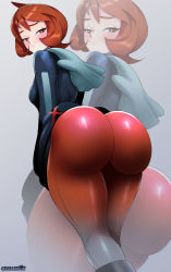 Rule 34 | 1girl, absurdres, arezu (pokemon), ass, ass focus, blush, breasts, chanleefat, creatures (company), from behind, from below, game freak, highres, hood, hood down, hoodie, huge ass, leggings, looking at viewer, looking back, medium breasts, nintendo, open mouth, pokemon, pokemon legends: arceus, red eyes, red hair, shiny clothes, short hair, sideboob, solo, thick thighs, thighs, zoom layer