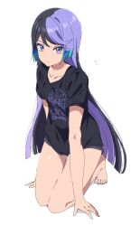 Rule 34 | 1girl, ?, arm support, barefoot, black hair, black shirt, blue hair, blunt ends, carron (pretty series), character name, character print, closed mouth, clothes writing, commentary request, dolldolldd, full body, grey shorts, highres, kneeling, korean commentary, long hair, looking at viewer, multicolored hair, pretty series, purple eyes, purple hair, shirt, short sleeves, shorts, simple background, solo, t-shirt, very long hair, waccha primagi!, white background