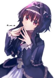 1girl 9-nine- :/ black_bow black_capelet black_dress black_hair blush bow capelet ch2sh closed_mouth commentary cowboy_shot dress eyes_visible_through_hair frilled_capelet frilled_dress frilled_sleeves frills frown gothic_lolita hair_between_eyes hair_bow hair_intakes hands_up highres lolita_fashion long_sleeves looking_at_viewer official_alternate_costume own_hands_together red_eyes short_hair_with_long_locks simple_background sketch solo steepled_fingers twitter_username white_background wide_sleeves yuuki_noa