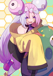Rule 34 | 1girl, absurdres, bare shoulders, bellibolt, black jacket, blue hair, bow-shaped hair, character hair ornament, collarbone, colored eyelashes, creatures (company), game freak, gen 1 pokemon, grey shirt, hair ornament, highres, honeycomb (pattern), honeycomb background, iono (pokemon), jacket, light blue hair, long hair, long sleeves, looking at viewer, low-tied long hair, magnemite, multicolored clothes, multicolored hair, multicolored jacket, nintendo, open mouth, oversized clothes, pink eyes, pink hair, pokemon, pokemon (creature), pokemon sv, polka dot, sharp teeth, shirt, sleeveless, sleeveless shirt, sleeves past fingers, sleeves past wrists, solo focus, split-color hair, tamago sando, teeth, two-tone background, two-tone hair, two-tone jacket, very long sleeves, x, yellow jacket