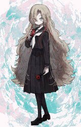 Rule 34 | 1girl, abstract background, absurdres, alternate costume, anemone (flower), arm at side, black footwear, black pantyhose, black sailor collar, black serafuku, black shirt, black skirt, blue background, brown hair, closed mouth, commentary, curtained hair, drinking straw, empty eyes, expressionless, flower, full body, grey eyes, hair over one eye, hand up, heterochromia, highres, holding, holding carton, holding flower, isekai joucho, kamitsubaki studio, loafers, long hair, long sleeves, looking at viewer, multicolored hair, neckerchief, noranekogahara, pantyhose, pleated skirt, raised eyebrows, red eyes, red flower, red hair, sailor collar, school uniform, serafuku, shirt, shoes, skirt, solo, standing, streaked hair, very long hair, virtual youtuber, wavy hair, white neckerchief