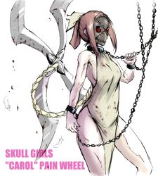 Rule 34 | 1girl, bad id, bad pixiv id, bare legs, blood, blood on clothes, breasts, brown hair, chain, chained, chain, character name, collar, copyright name, cuffs, dress, huge weapon, mask, nail, painwheel (skullgirls), red eyes, shackles, shuriken, side slit, sideboob, skullgirls, solo, veins, weapon, yrafy