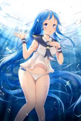 Rule 34 | 1girl, air bubble, bare arms, bare shoulders, bikini, bikini bottom only, blue eyes, blue hair, blue neckerchief, blue theme, blush, breasts, bubble, day, feet out of frame, forehead, gluteal fold, hand on own chest, hands up, highres, ichinose kizuki, kantai collection, knees together feet apart, long hair, looking at viewer, medium breasts, neckerchief, outdoors, sailor, samidare (kancolle), shirt, sleeveless, sleeveless shirt, solo, submerged, swimsuit, tareme, thigh gap, underwater, very long hair, water, white bikini, white shirt, wristband