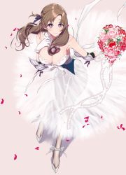Rule 34 | 1girl, armpits, backless dress, backless outfit, bare shoulders, black pantyhose, bouquet, braid, breasts, bright pupils, brown hair, cleavage, commentary request, detached collar, dress, elbow pads, flower, full body, gloves, hair ribbon, half updo, hand on own chest, highres, knees together feet apart, large breasts, long hair, looking at viewer, oosuki mamako, pantyhose, petals, pink background, pink eyes, pochi (pochi-goya), ribbon, see-through, see-through silhouette, shoes, simple background, smile, solo, standing, thigh gap, tsuujou kougeki ga zentai kougeki de ni-kai kougeki no okaasan wa suki desu ka?, white dress, white footwear, white gloves
